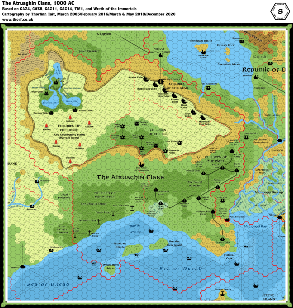 Updated map of the Atruaghin Clans, 8 miles per hex