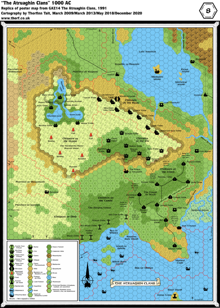 Replica of GAZ14 poster map of Atruaghin, 8 miles per hex