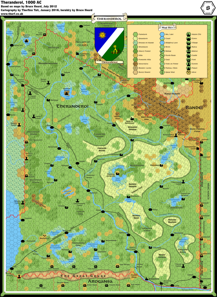 Updated map of the Alphatian Kingdom of Theranderol, 8 miles per hex