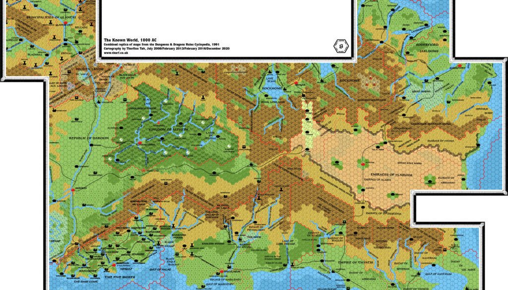 Combined replica of Known World maps from the Rules Cyclopedia, 8 miles per hex