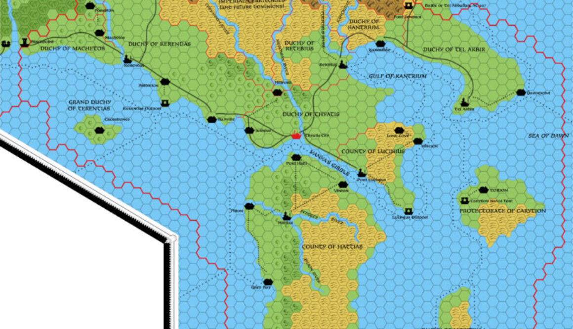 Replica of Dawn of the Emperors' poster map of Thyatis, 8 miles per hex