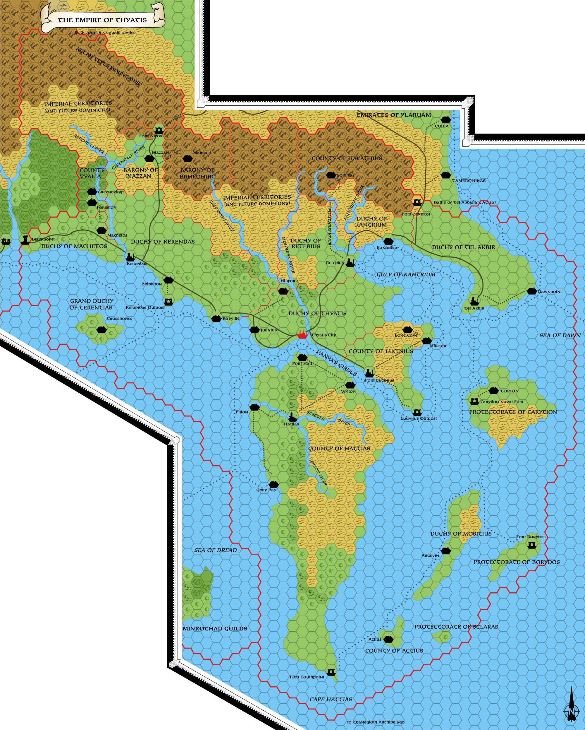 Replica of Dawn of the Emperors' poster map of Thyatis, 8 miles per hex