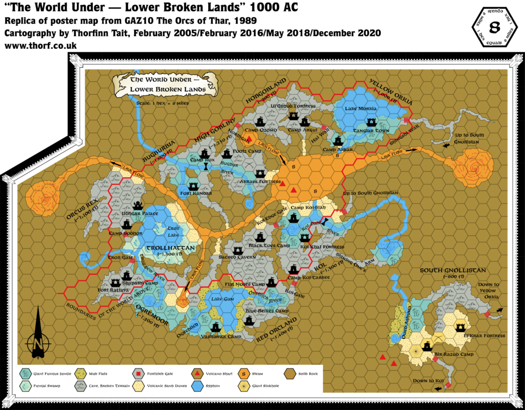 Replica of GAZ10 map of the Lower Broken Lands, 8 miles per hex