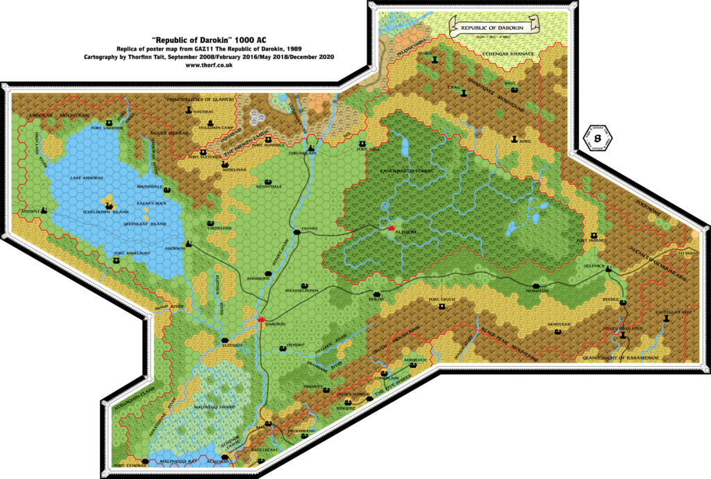 Replica of GAZ11 map of Darokin, 8 miles per hex
