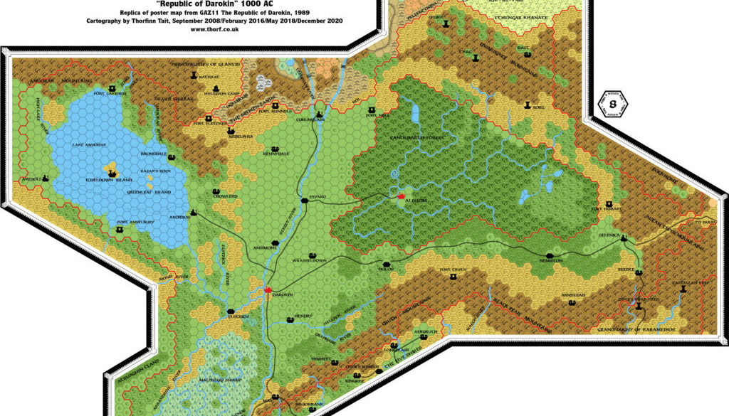 Replica of GAZ11 map of Darokin, 8 miles per hex