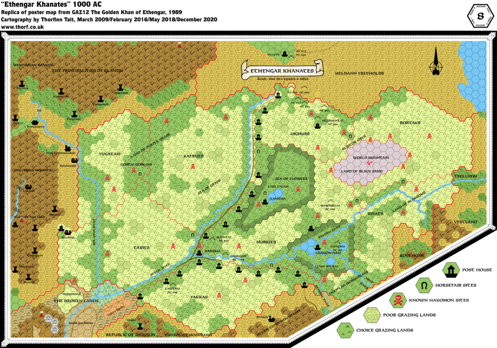 Replica of GAZ12 map of Ethengar, 8 miles per hex