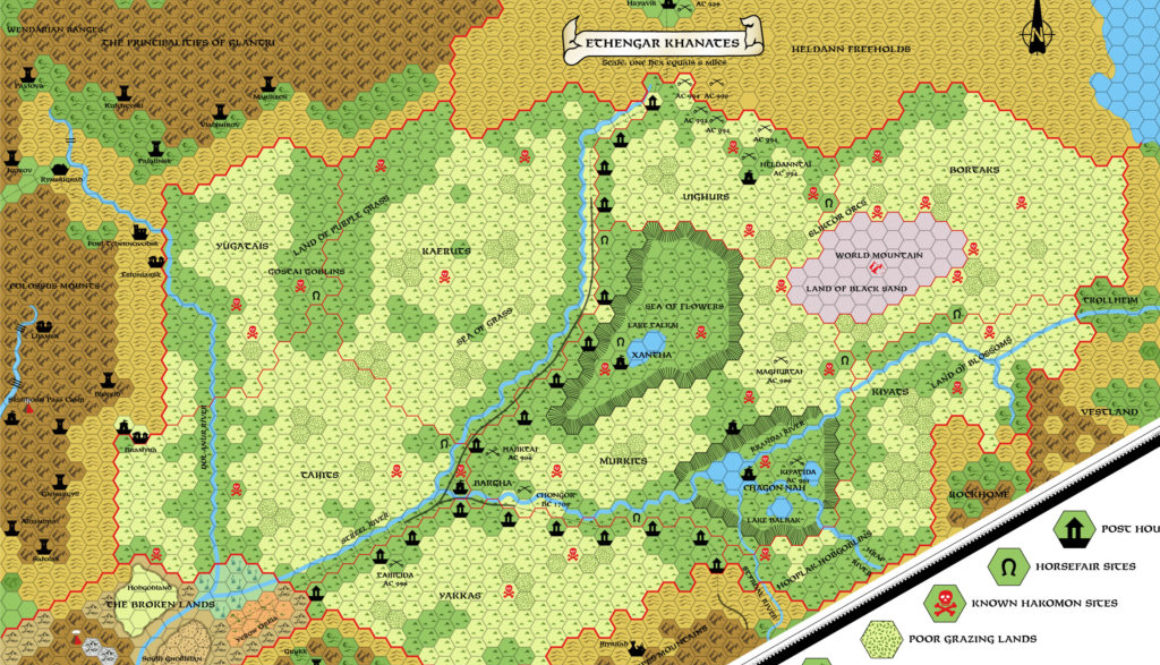 Replica of GAZ12 map of Ethengar, 8 miles per hex
