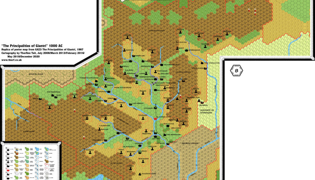Replica of GAZ3 poster map of Glantri, 8 miles per hex