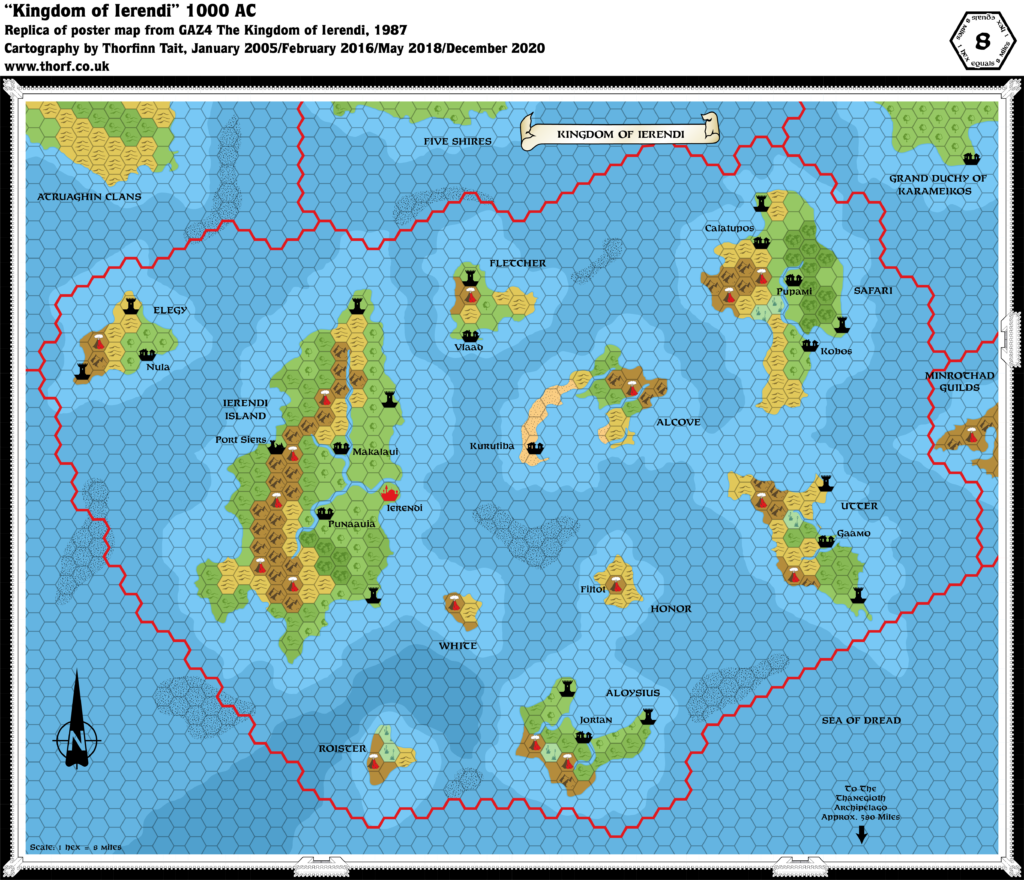 Replica of GAZ4 poster map of Ierendi, 8 miles per hex
