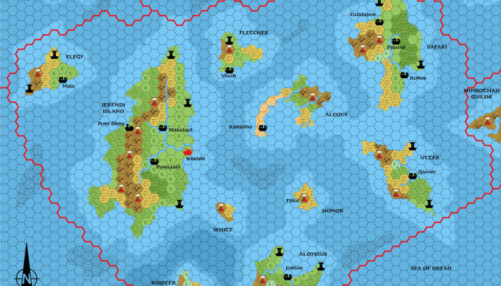 Replica of GAZ4 poster map of Ierendi, 8 miles per hex