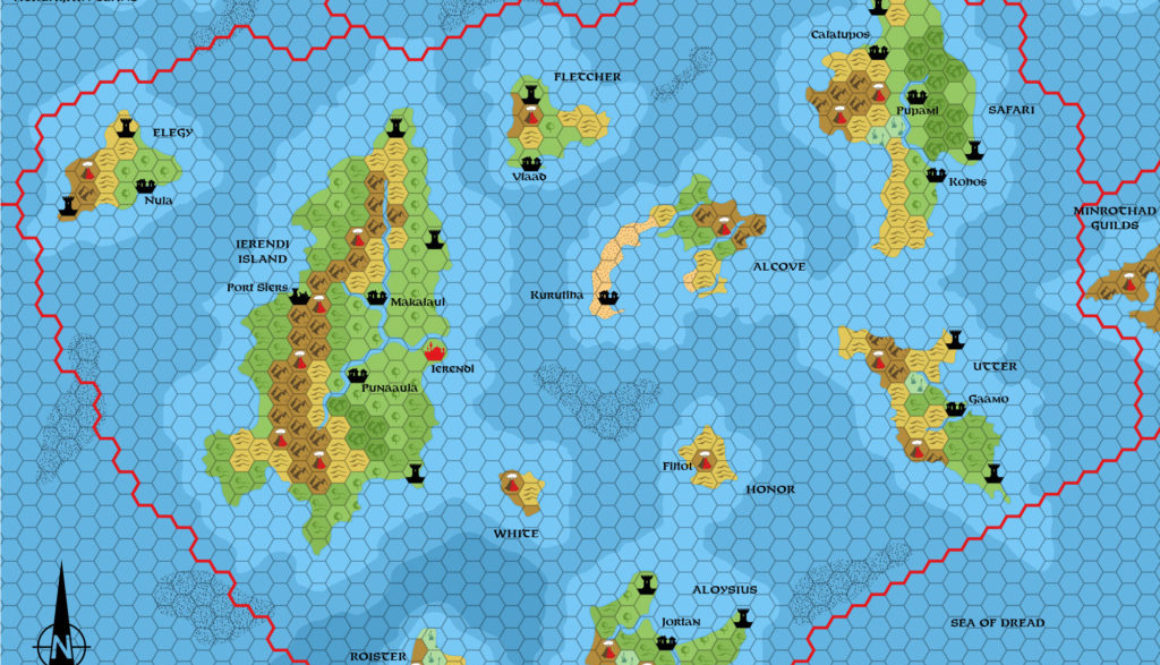 Replica of GAZ4 poster map of Ierendi, 8 miles per hex