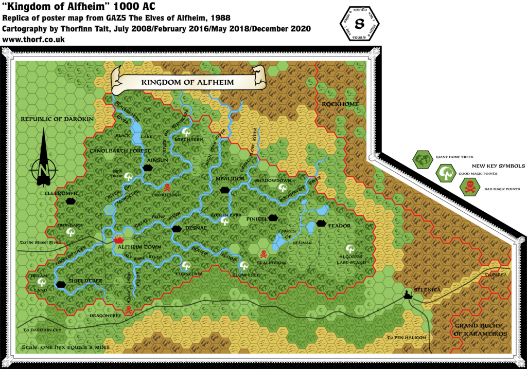 Replica of GAZ5 poster map of Alfheim, 8 miles per hex