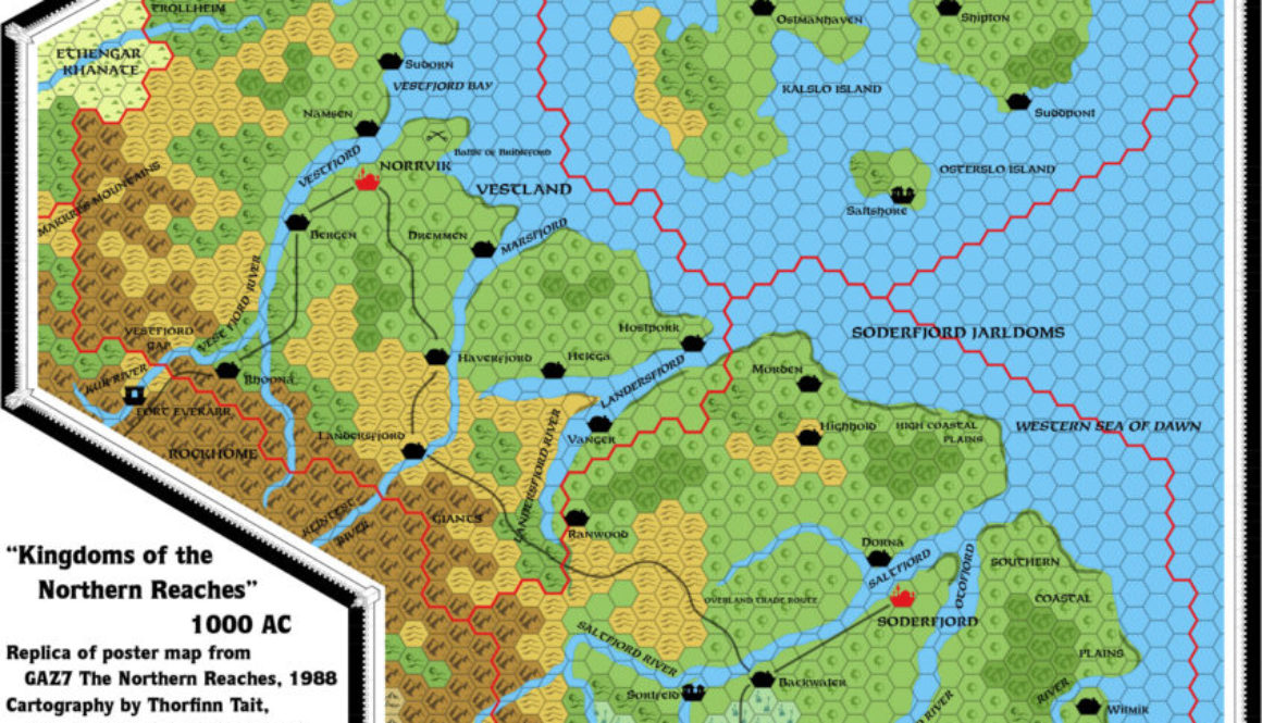 Replica of GAZ7 poster map of the Northern Reaches of Ostland, Vestland and Soderfjord, 8 miles per hex