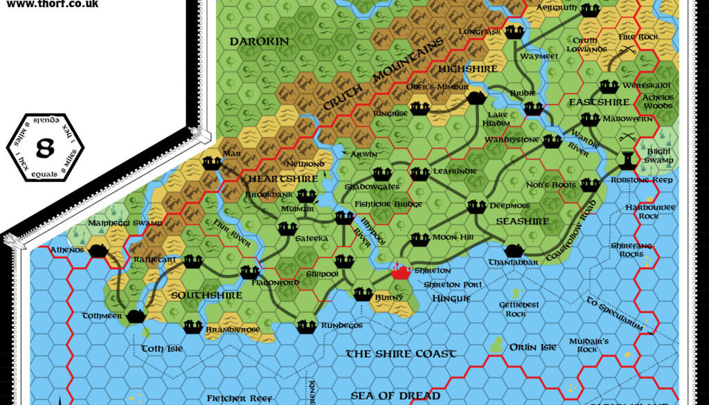 Replica of GAZ8 poster map of the Five Shires, 8 miles per hex