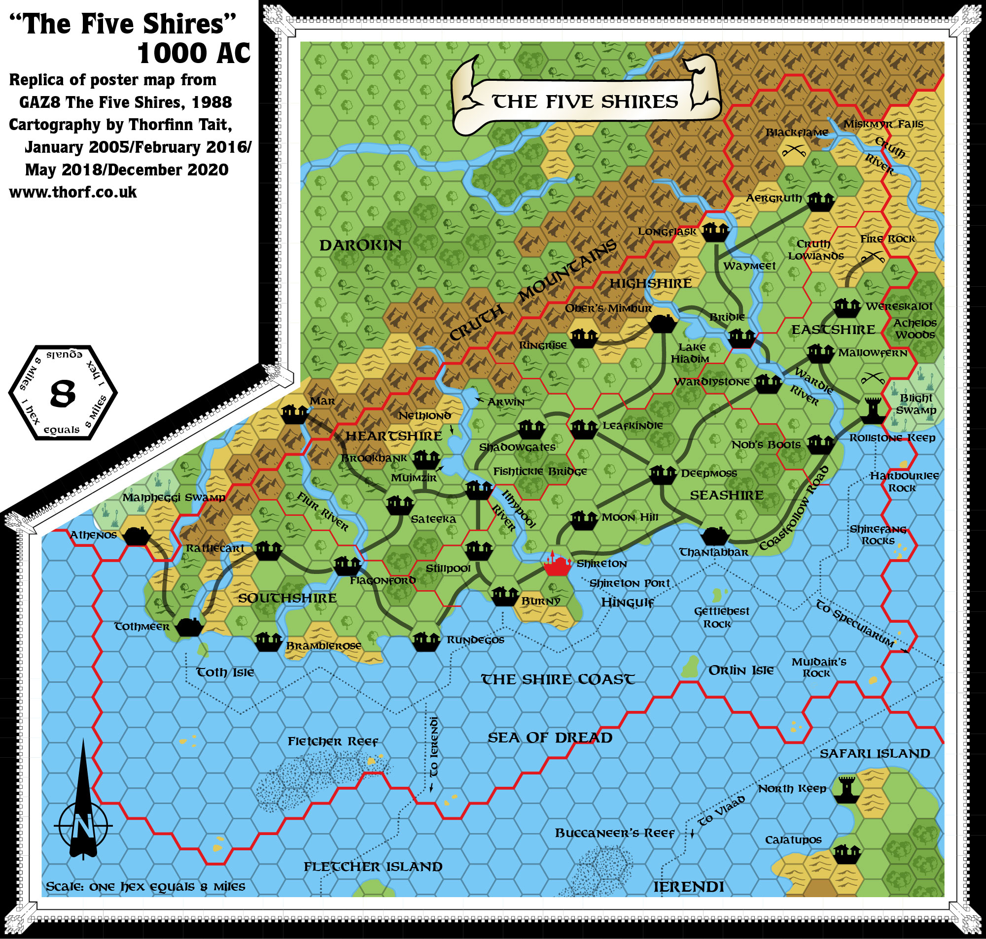 Replica of GAZ8 poster map of the Five Shires, 8 miles per hex