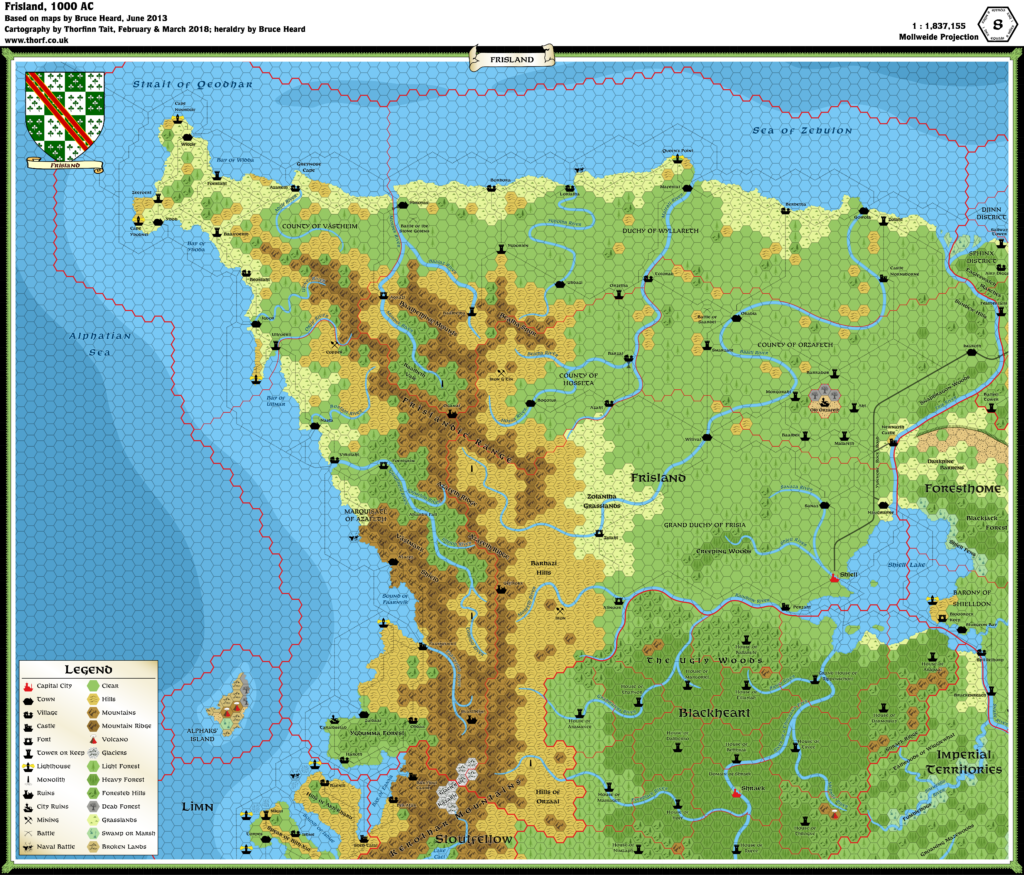Updated map of the Alphatian Kingdom of Frisland, 8 miles per hex