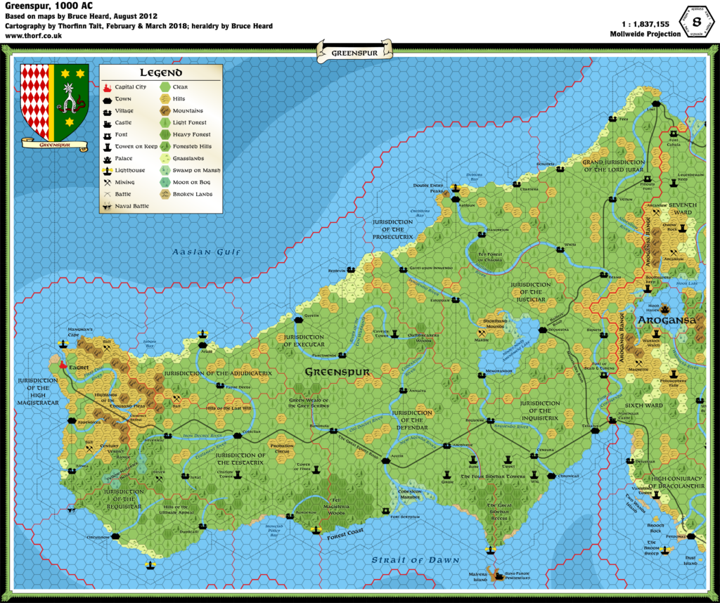 Updated map of the Alphatian Kingdom of Greenspur, 8 miles per hex