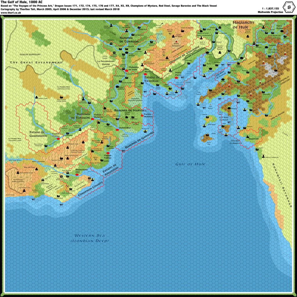 Updated map of the Gulf of Hule, 8 miles per hex