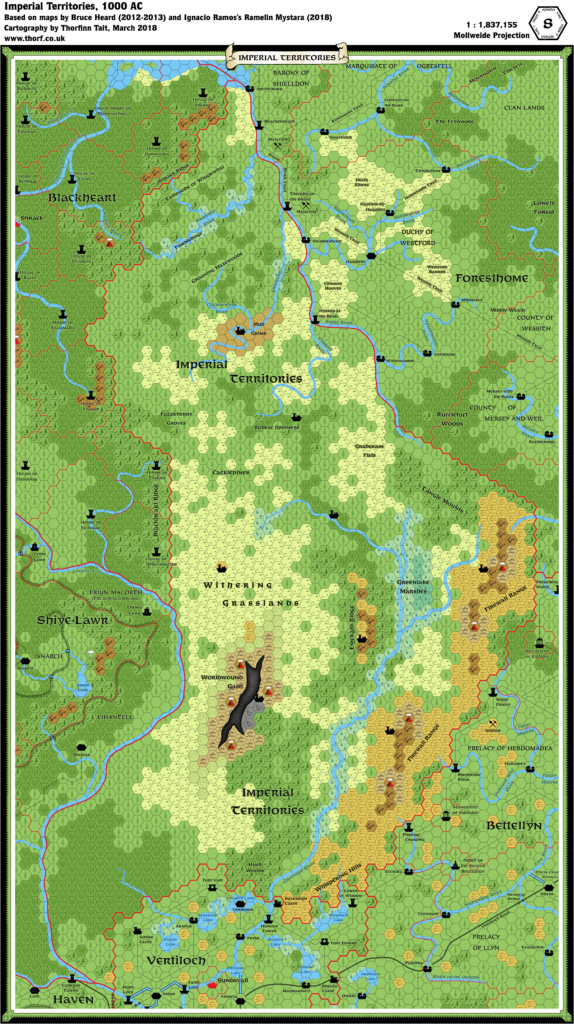 Updated map of the Alphatian Imperial Territories, 8 miles per hex