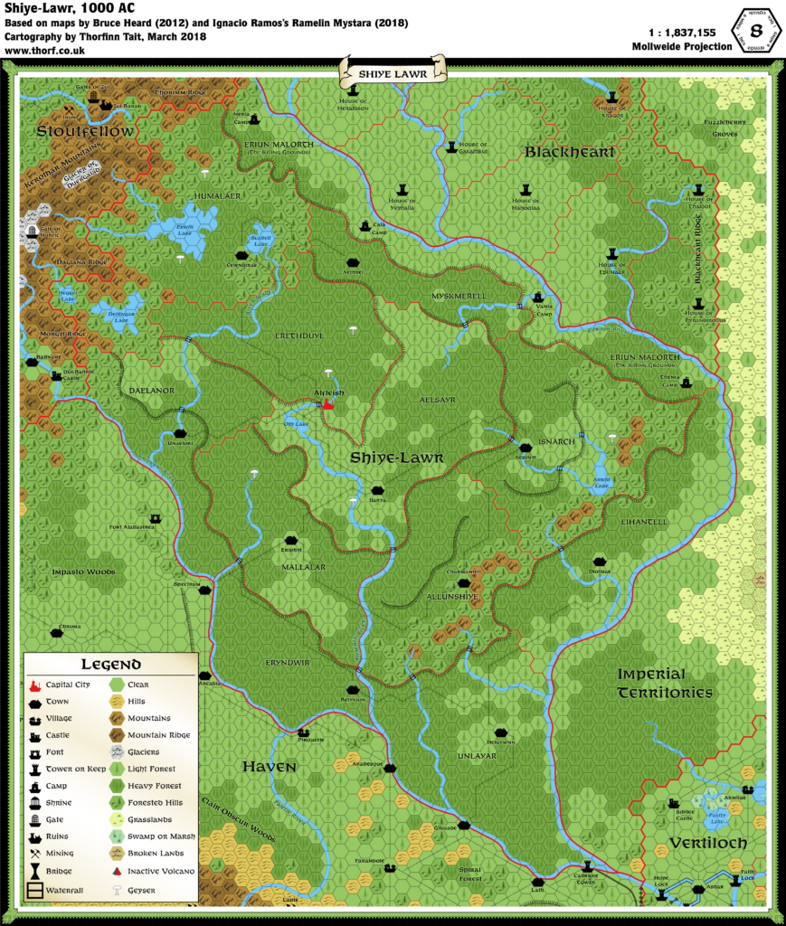 Updated map of the Alphatian Kingdom of Shiye-Lawr, 8 miles per hex