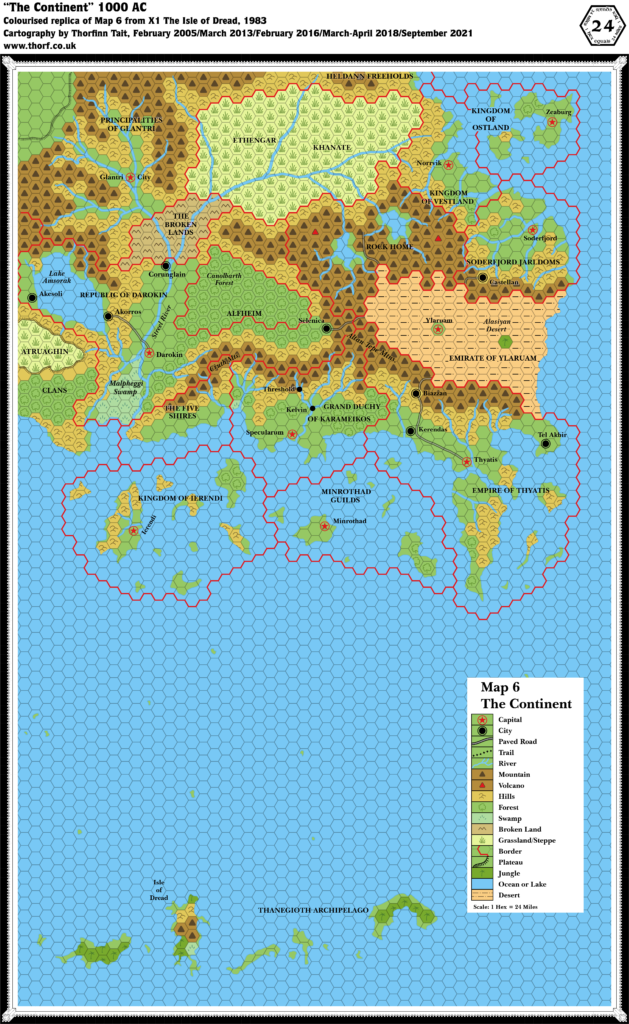 Colourised replica of X1 (1983)'s Known World map, 24 miles per hex