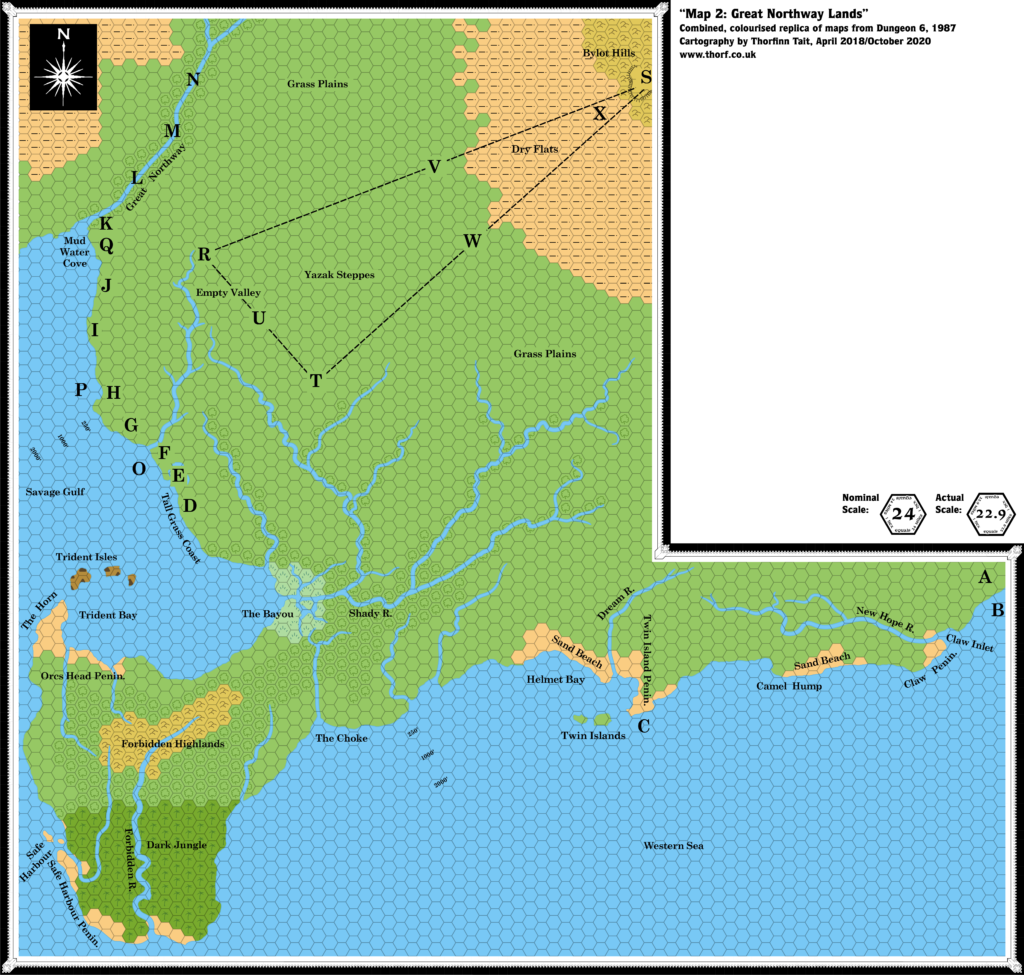 Colourised replica of Dungeon 6's Great Northway Lands map, 24 miles per hex