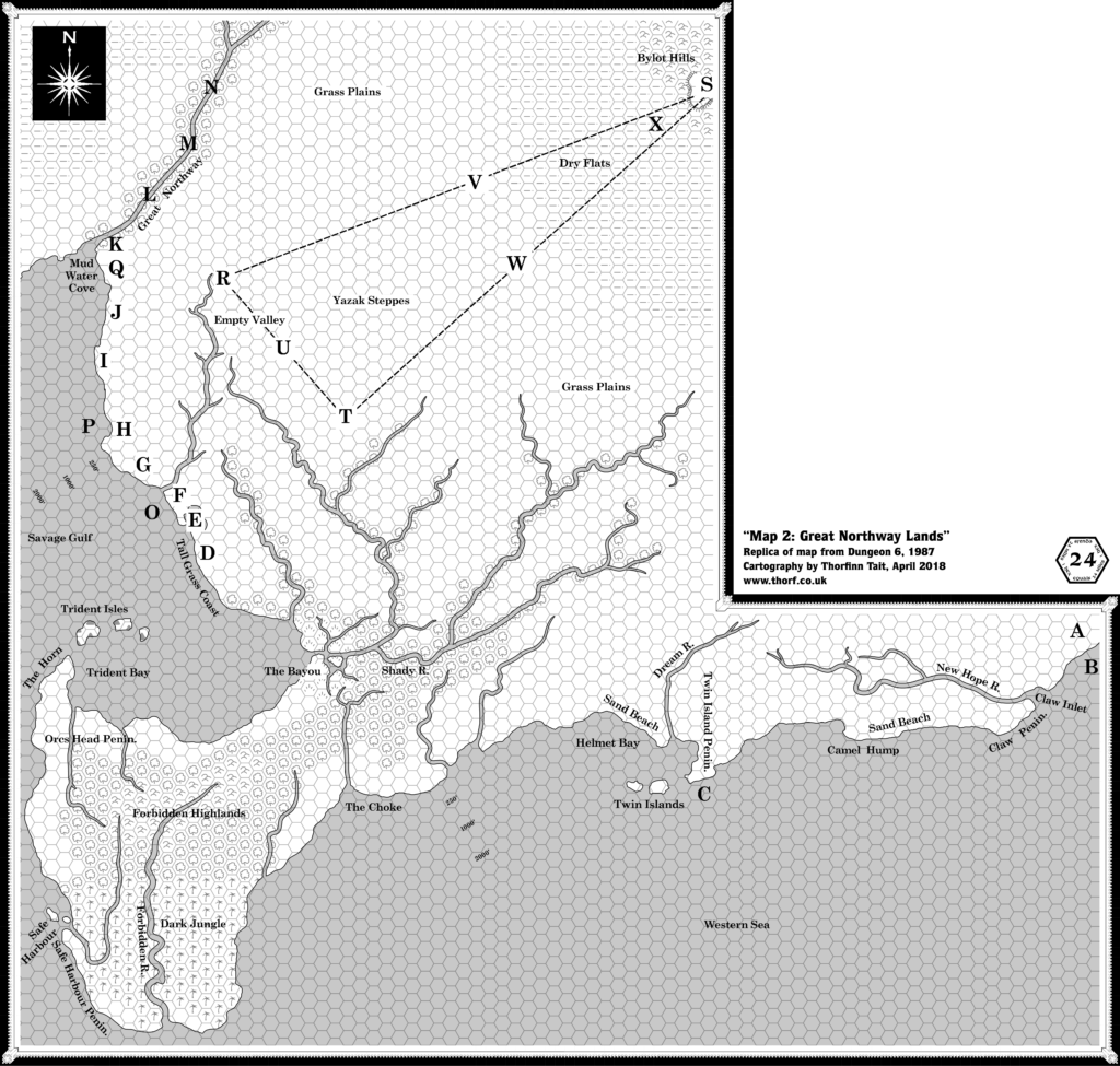 Replica of Dungeon 6's Great Northway Lands map, 24 miles per hex