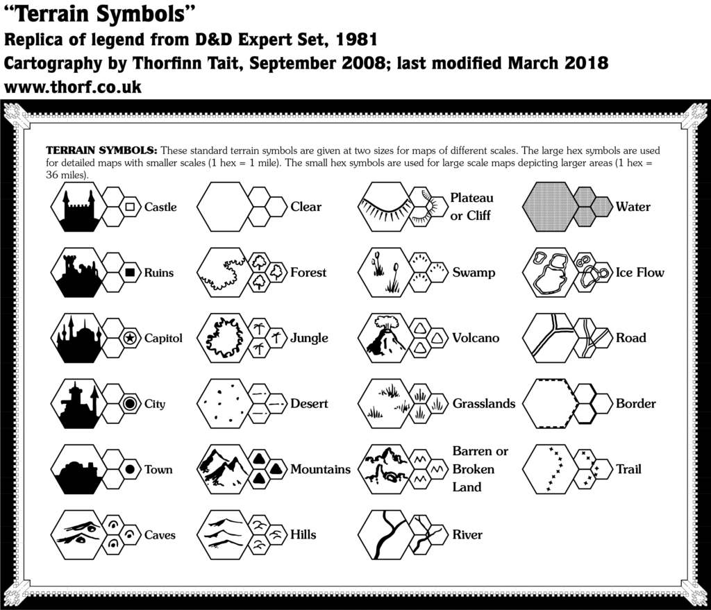 Replica of the Expert Rulebook (1981)'s Terrain Symbols legend
