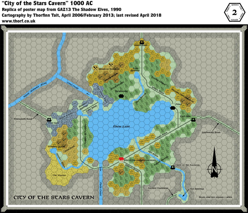Replica of GAZ13's City of the Stars Cavern map, 2 miles per hex