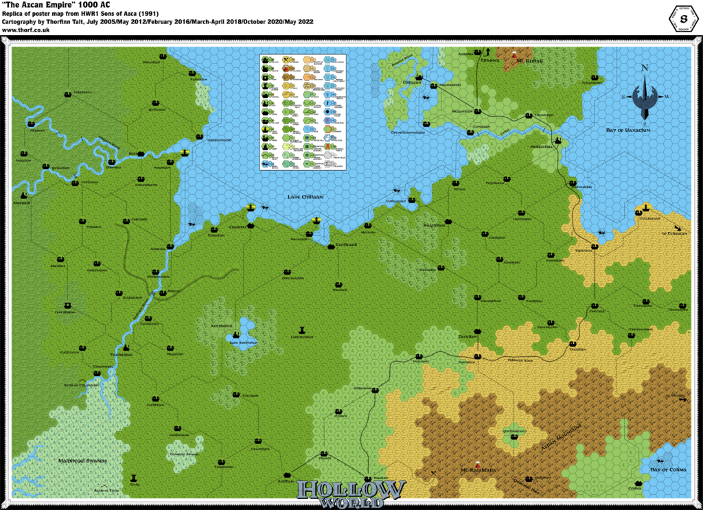 Replica of HWR1's Azcan Empire poster map, 8 miles per hex