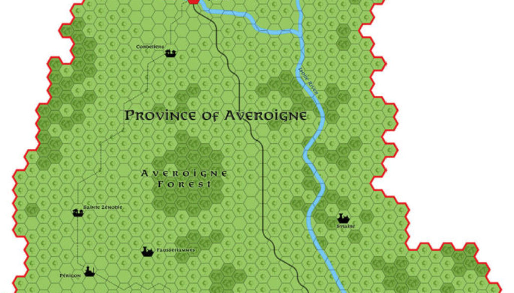 Updated map of Old Averoigne, 8 miles per hex