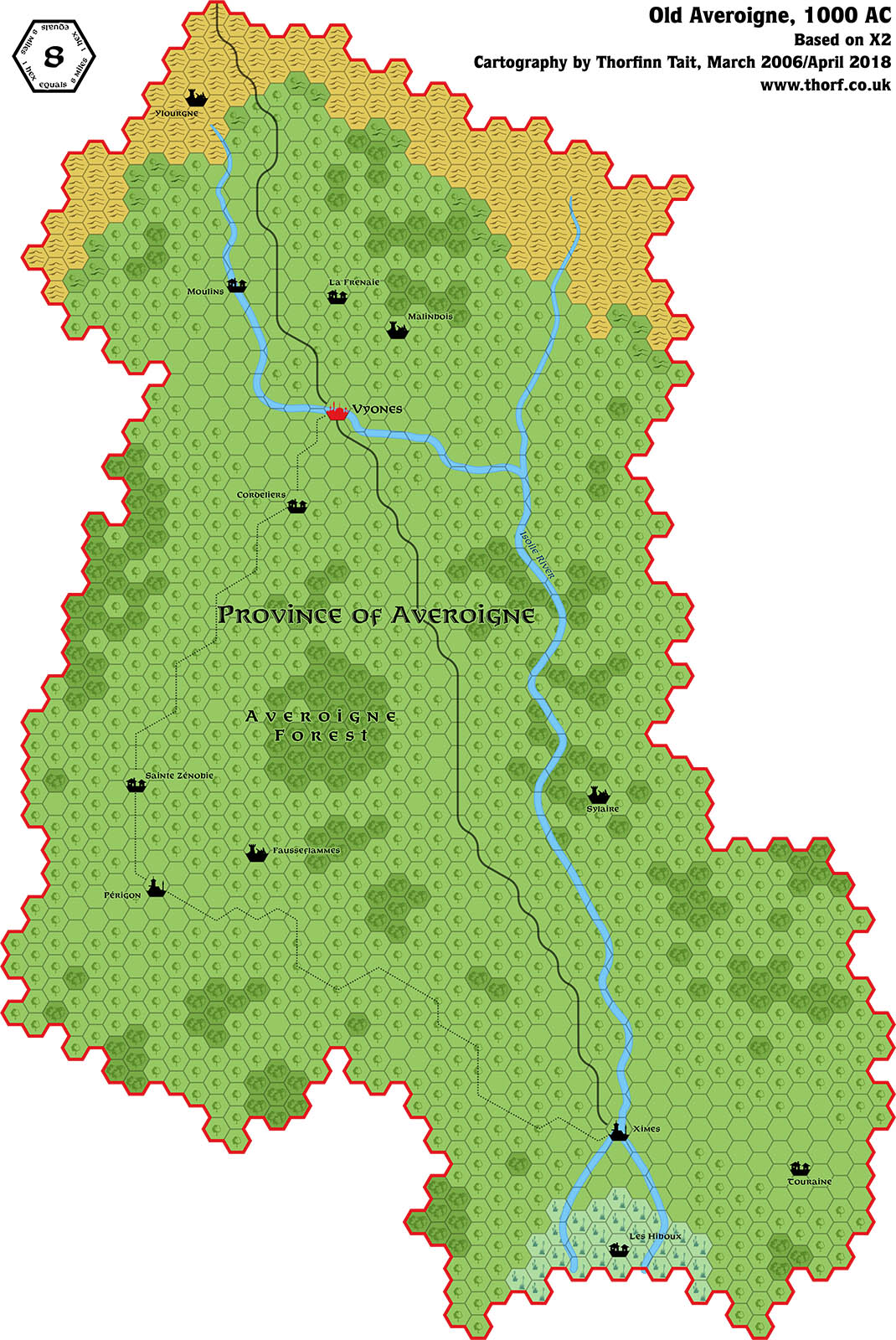 Updated map of Old Averoigne, 8 miles per hex
