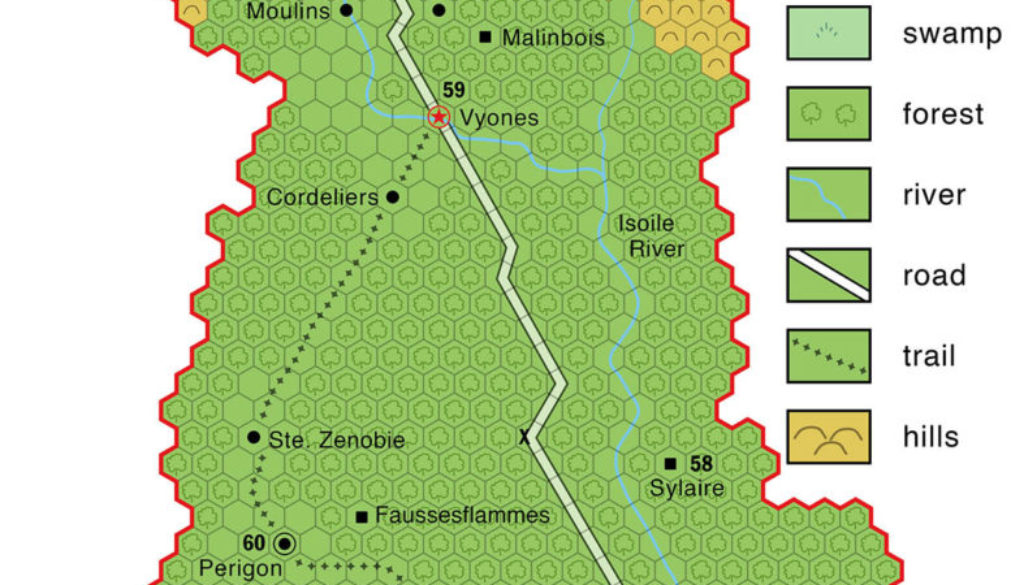 Colourised replica of X2's Averoigne map, 12 miles per hex