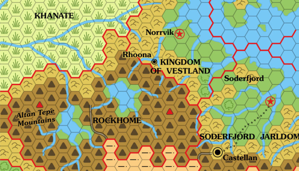 Colourised replica of X3's Vestland map, 24 miles per hex
