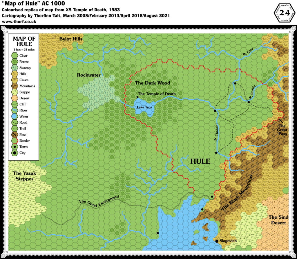 Colourised replica of X5's Hule map, 24 miles per hex