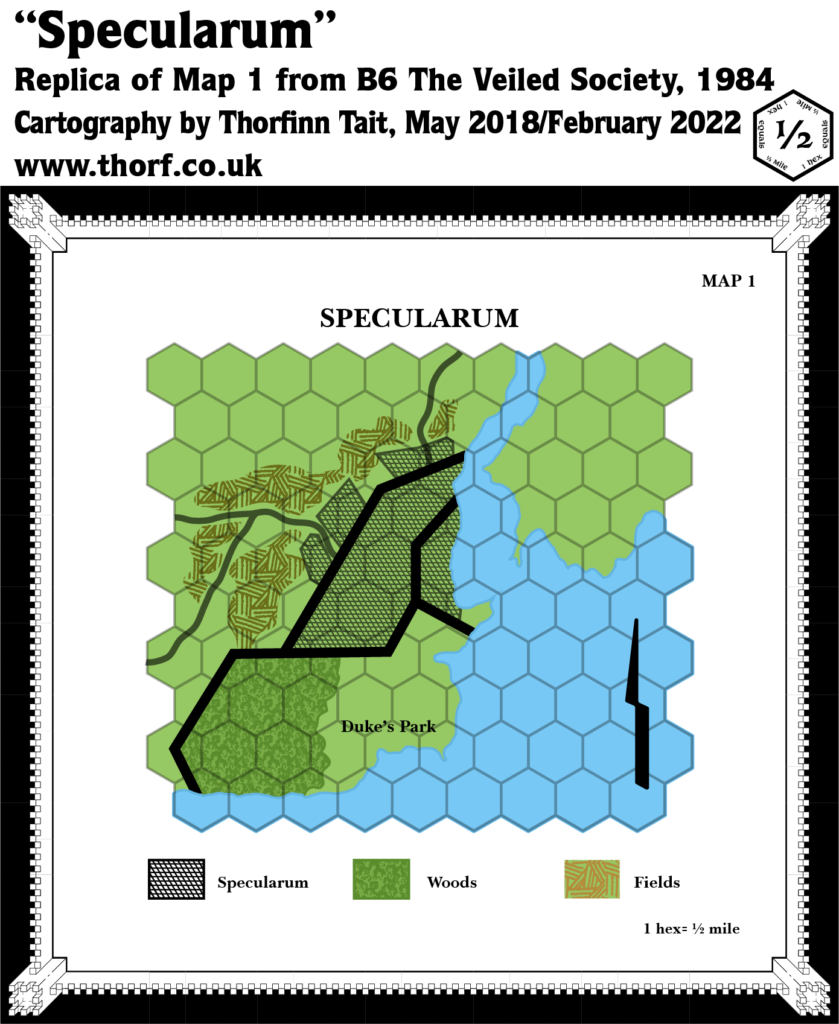 Colourised replica of B6's Specularum area map, 0.5 miles per hex