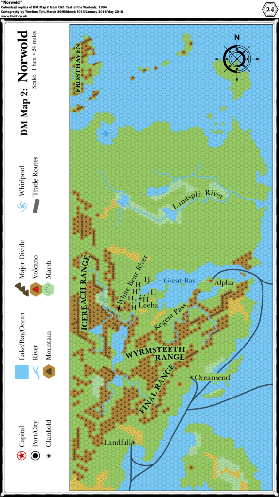 Colourised replica of the CM1's DM Map of Norwold, 24 miles per hex