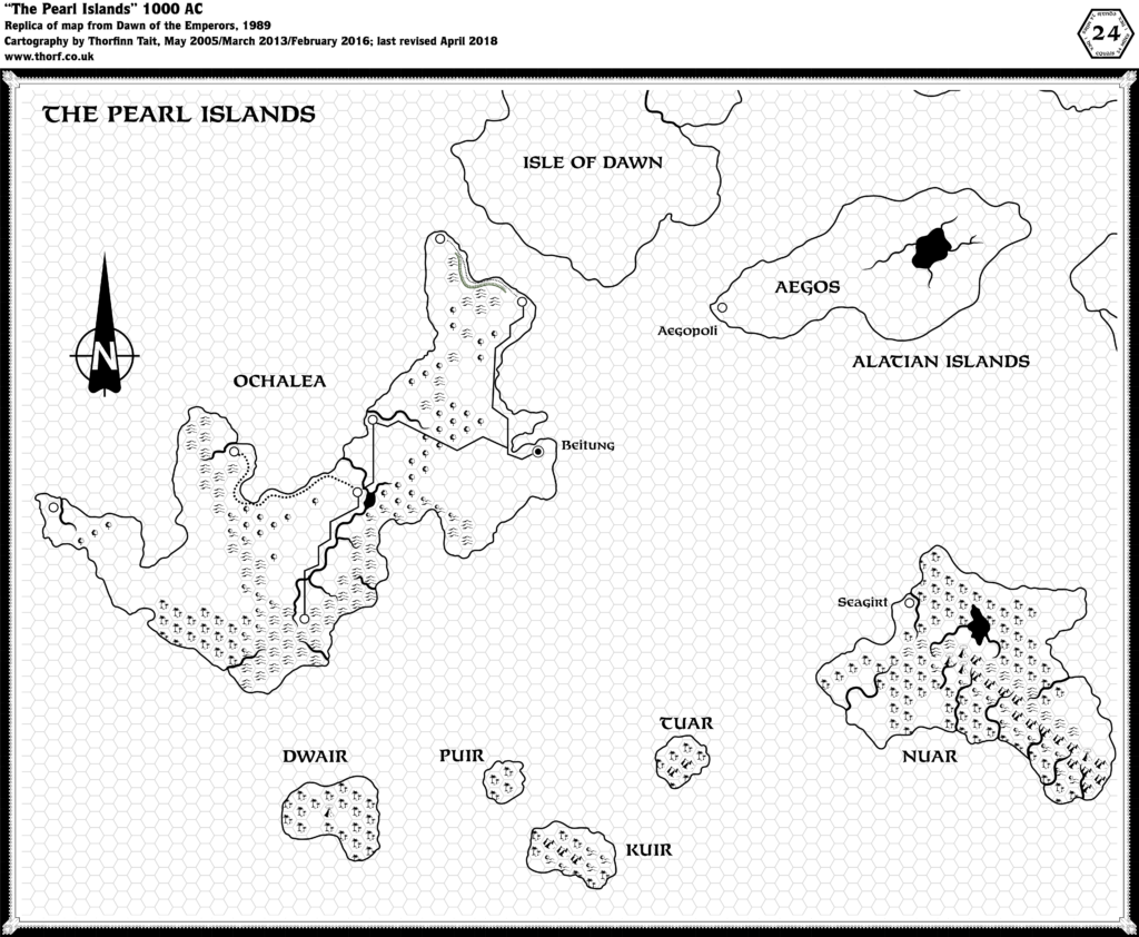 Replica of Dawn of the Emperors' Ochalea and the Pearl Islands map, 24 miles per hex