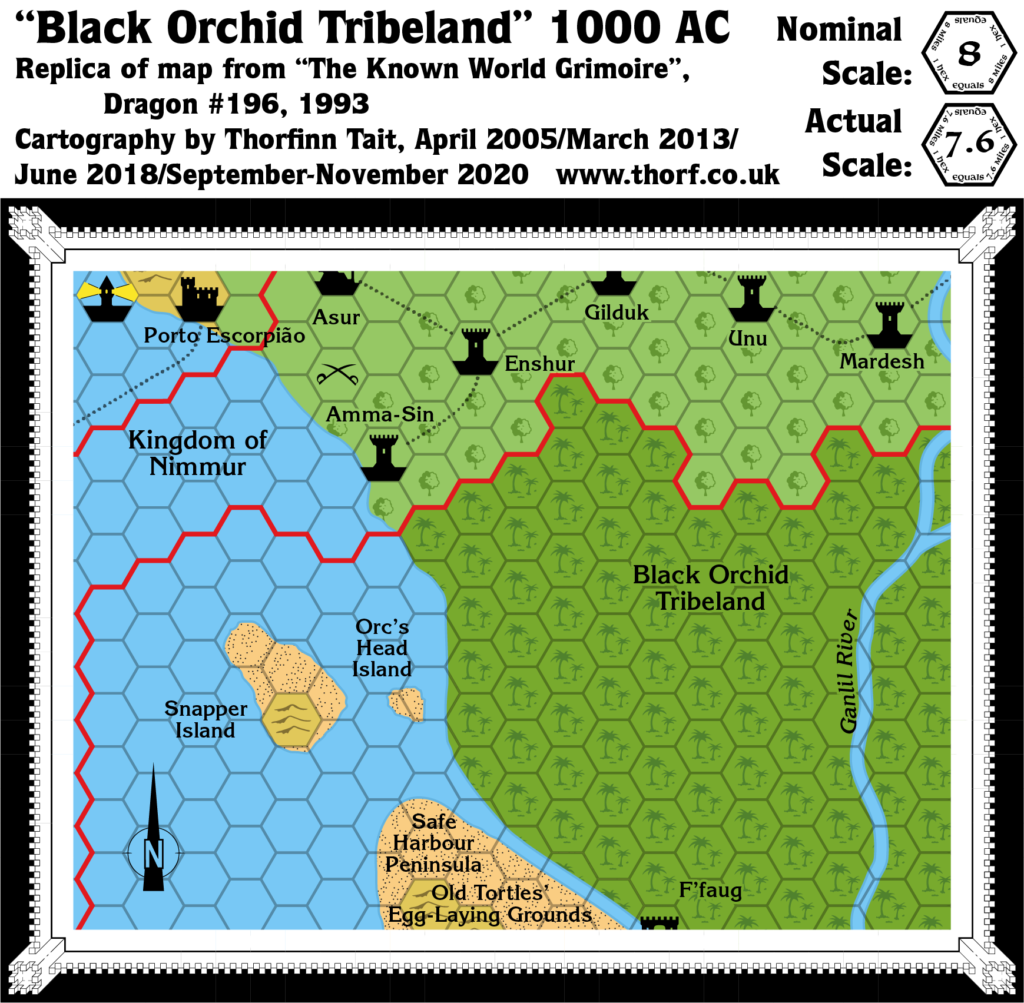 Replica of Dragon 196's map of the Black Orchid Tribelands, 8 miles per hex