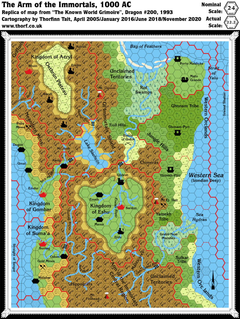 Replica of Dragon 200's map of the Arm of the Immortals, 24 miles per hex