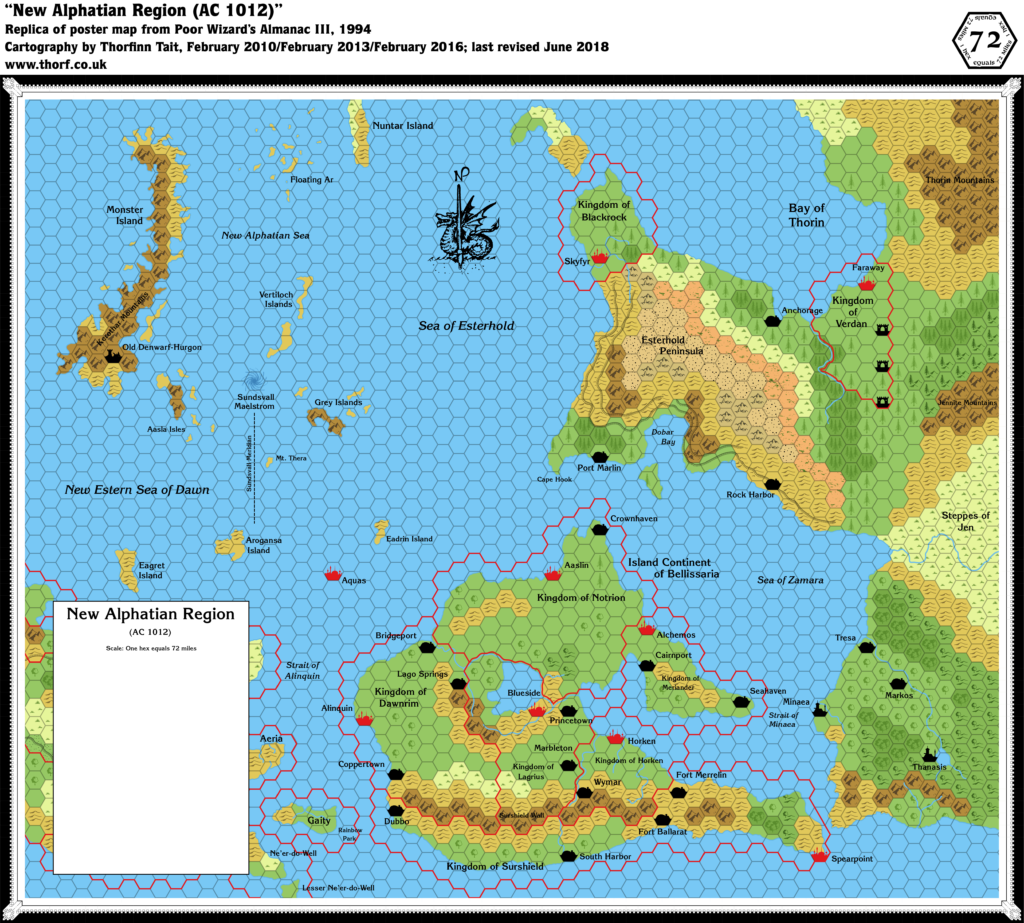 Replica of Poor Wizard's Almanac III's poster map of the New Alphatian Region, 72 miles per hex