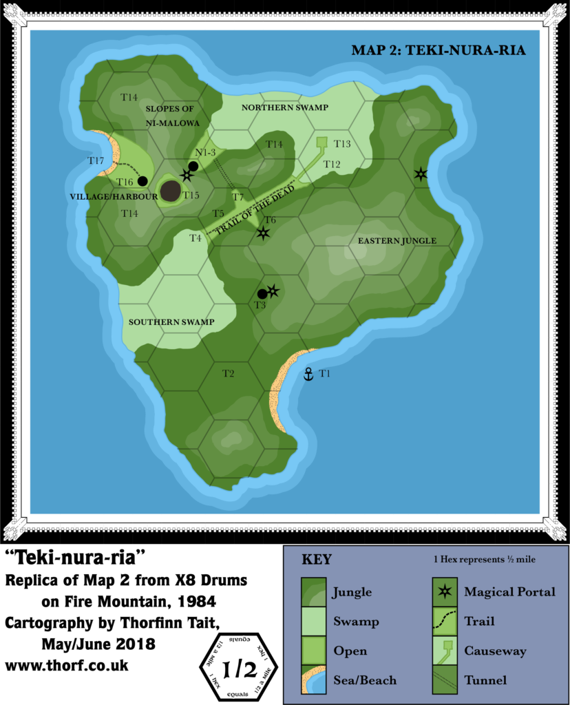 Replica of X8's Teki-nura-ria map, 0.5 miles per hex