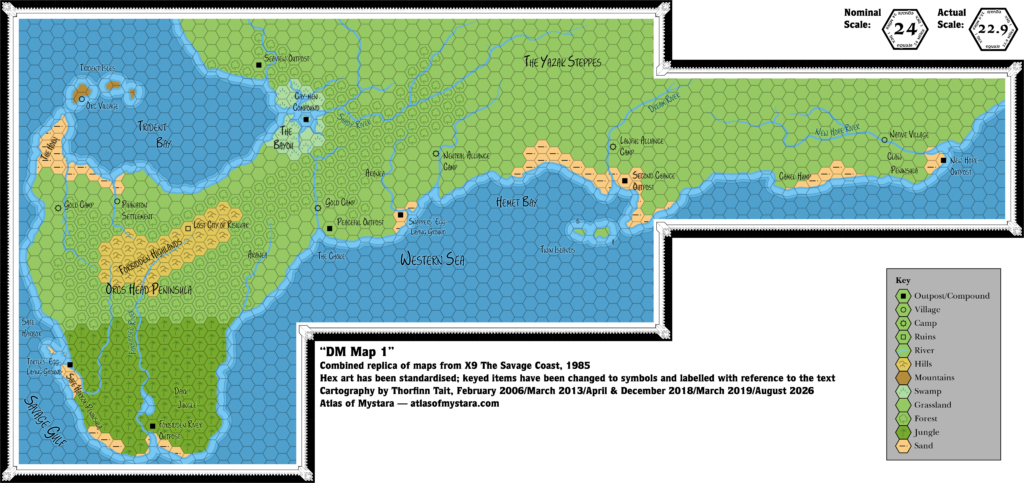 Combined replica of X9's Savage Coast hex maps, 24 miles per hex