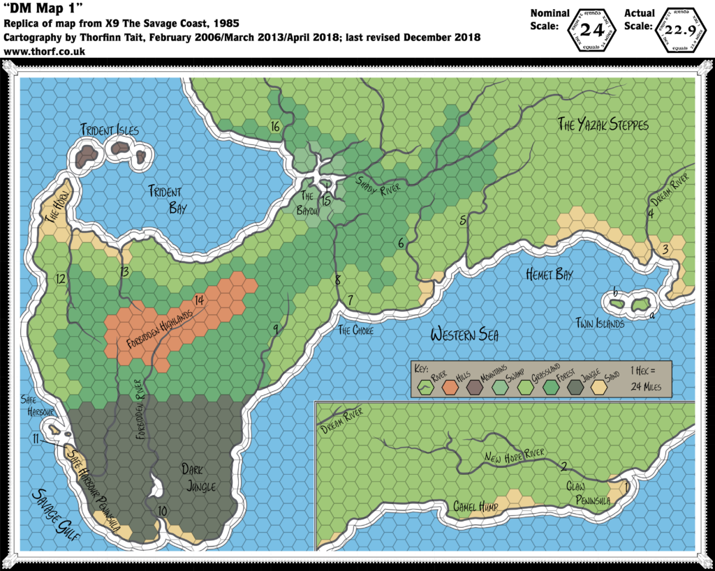 Replica of X9's map of the Savage Coast, 24 miles per hex (using the original palette)