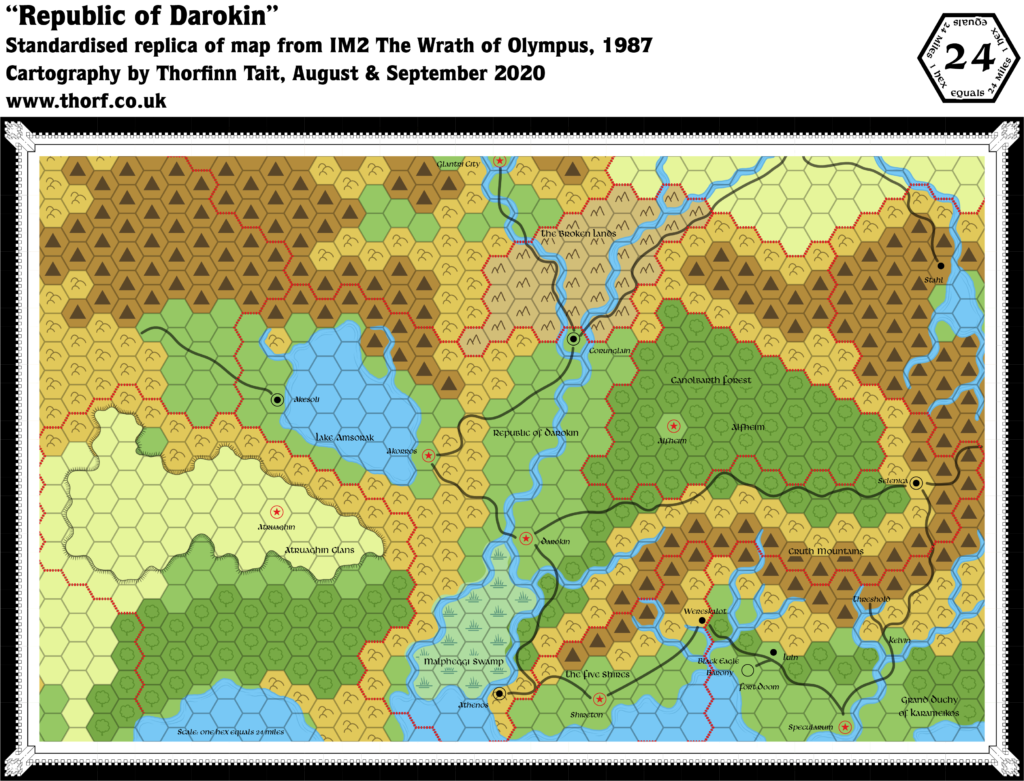 Standardised colour replica of IM2's Known World map, 24 miles per hex