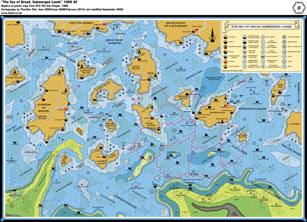 Replica of PC3’s map of the Sea of Dread Submerged Lands, 8 miles per hex