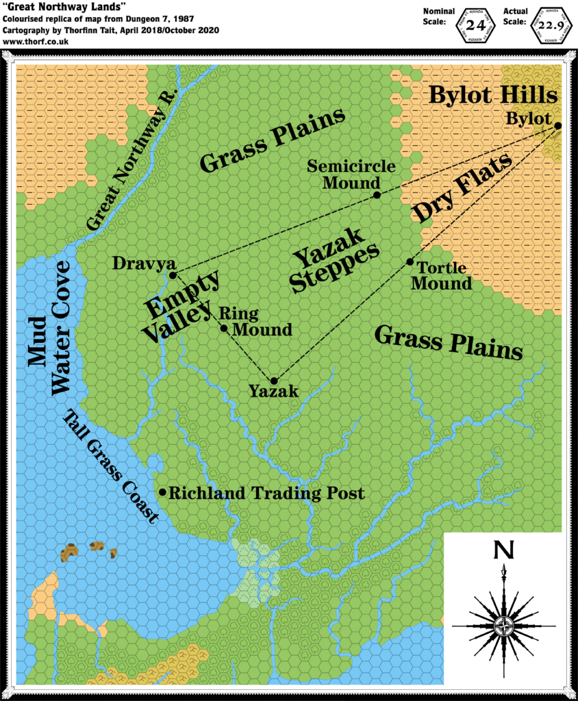 Colourised replica of Dungeon 7's Great Northway Lands map, 24 miles per hex