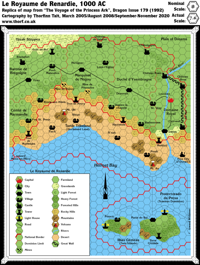 Replica of Dragon 179's map of Renardy, 8 miles per hex