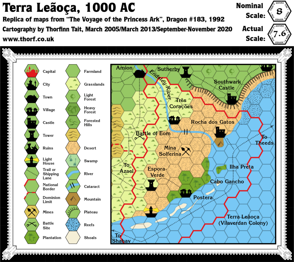 Replica of Dragon 183's map of Terra Leãoça, 8 miles per hex