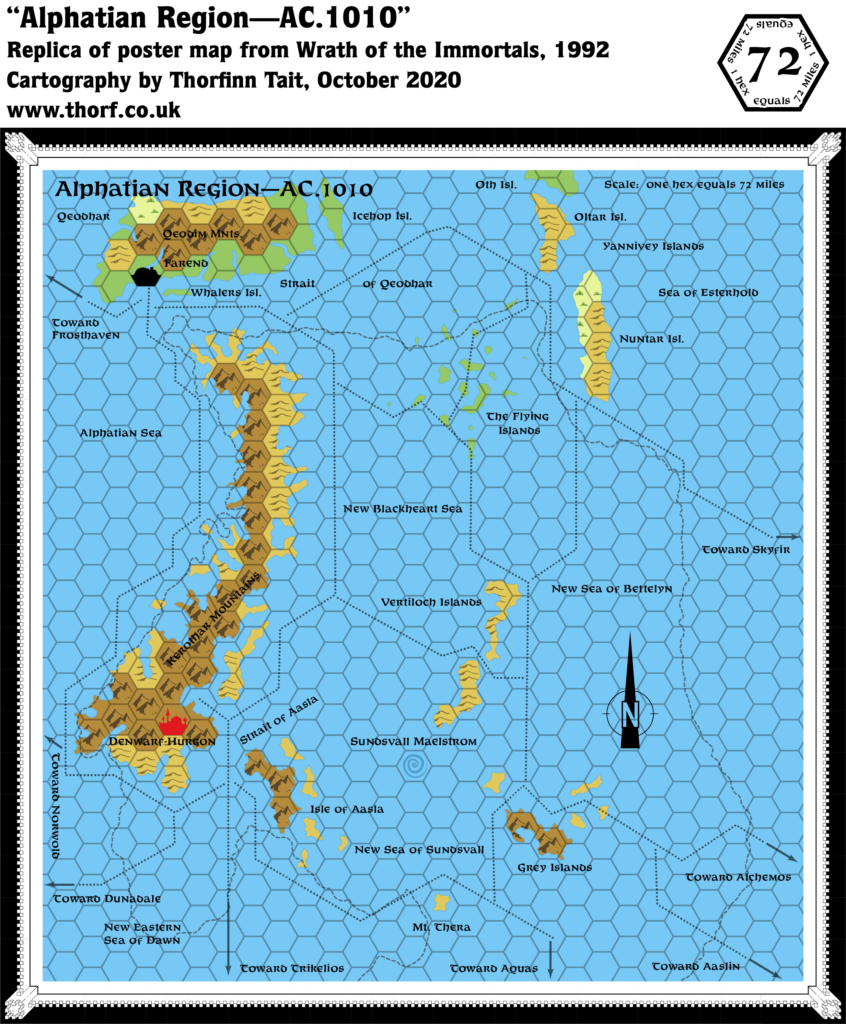 Replica of Wrath of the Immortals' poster map of Alphatia 1010 AC, 72 miles per hex